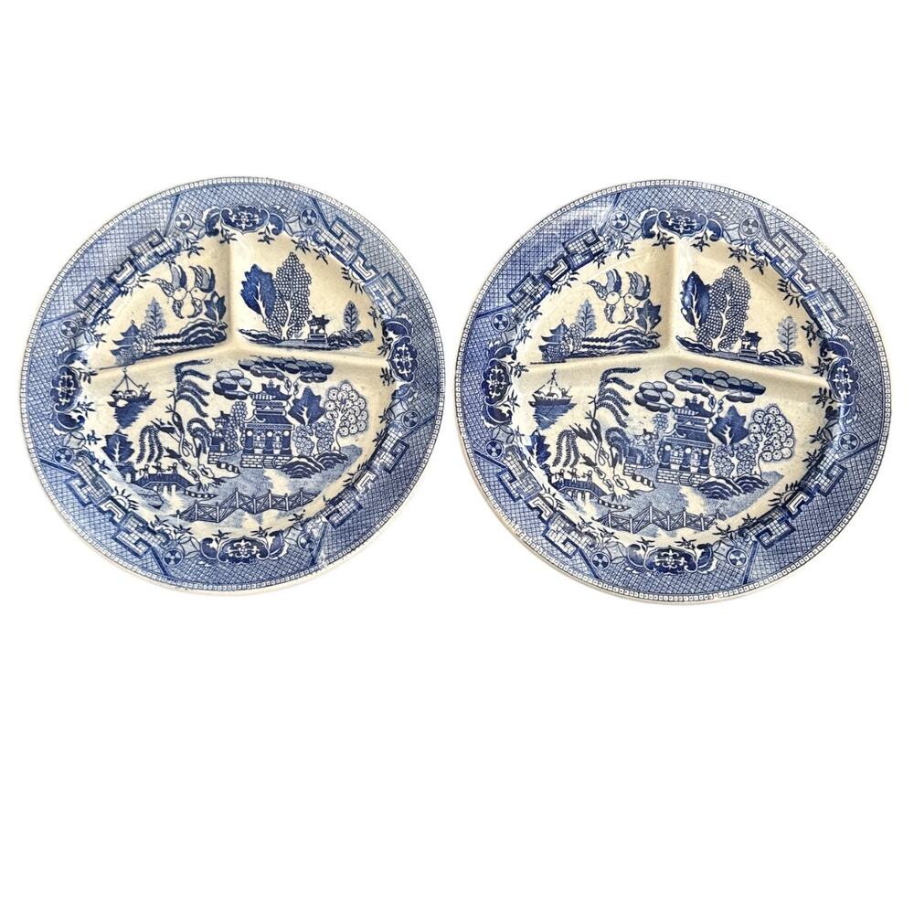 Vintage Set of 2 Blue Willow Japan Grill Divided Plates